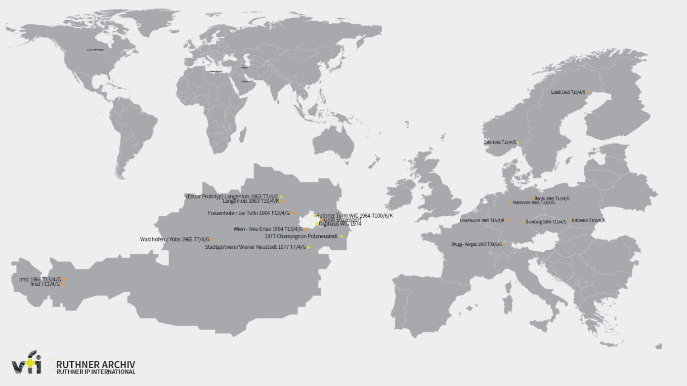 World Map, Austria and Europe with locations of Ruthner Towers